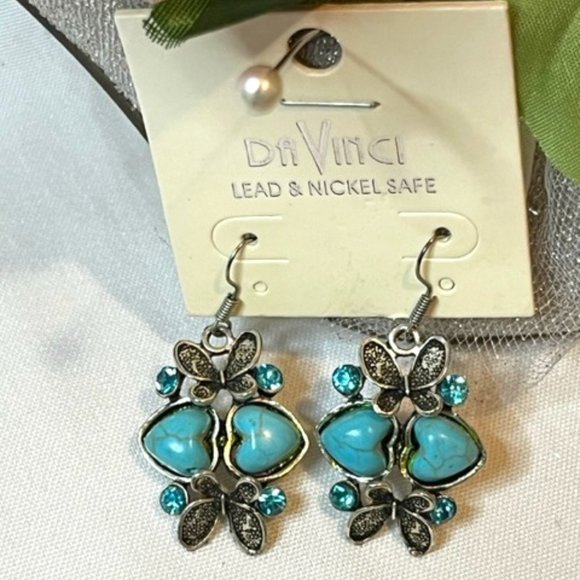 Turquois and Silver Butterfly Heart Earrings. - Picture 1 of 1